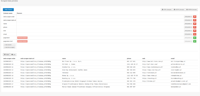 scraped data preview